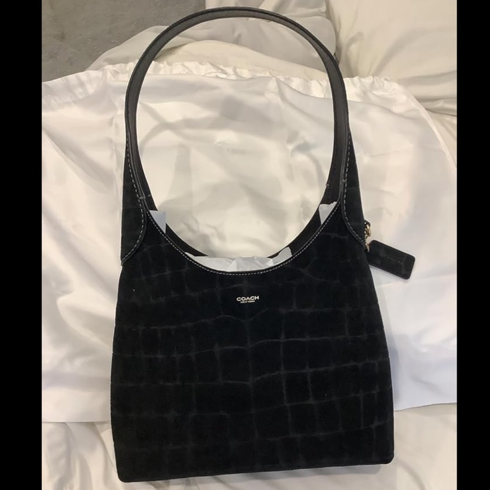 New Coach Black Croc-Embossed Suede Brooklyn Shoulder Bag 28 - Picture 7 of 8